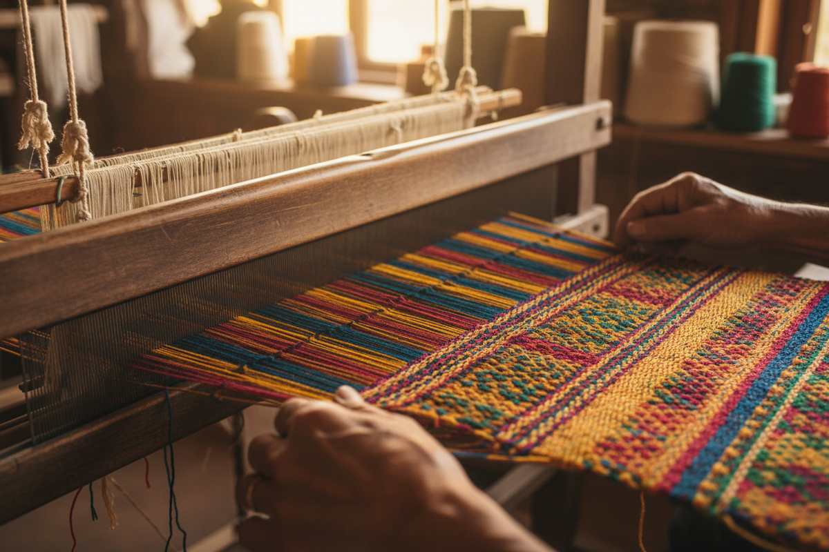 Skilled hands weaving vibrant multicolored natural cotton yarns on a traditional loom