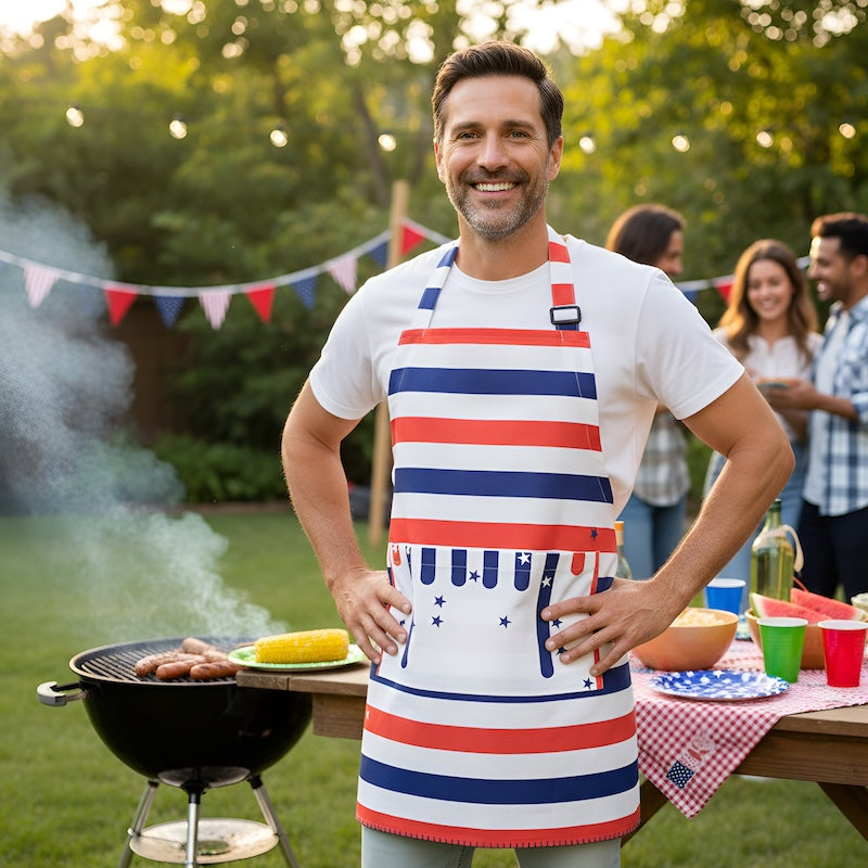 A man wearing ared, white, and blue striped apron stands at a backyard grill table, smiling at the camera. The background shows a lively outdoor party scene with other guests, a barbecue grill with smoke from Hem And Tassel 