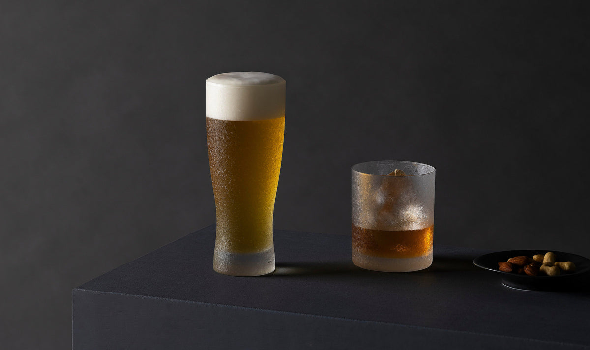 high quality frosting coated glasses for beer and whiskey from Japan from Hem And Tassel 