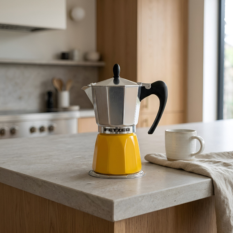 yellow induction moka pot by Fetzer from Hem And Tassel sitting on a kitchen counter with a cup and a kitchen towel