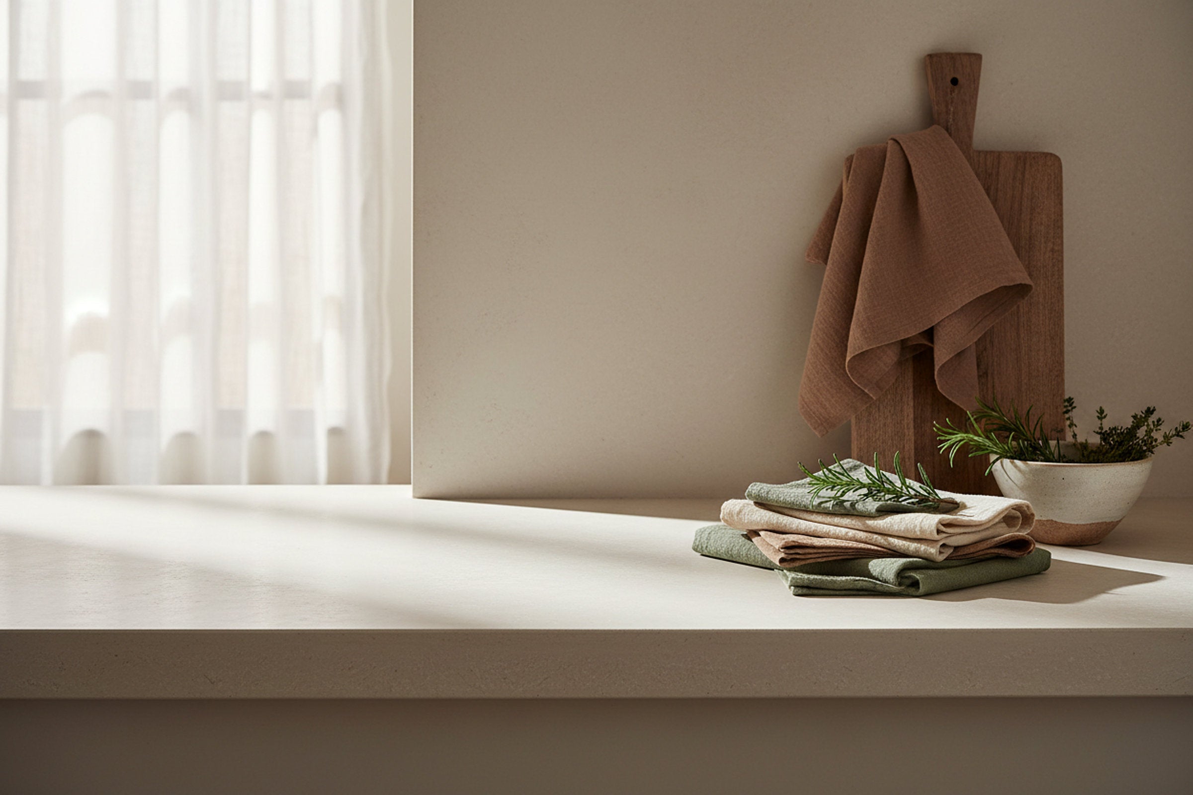 Kitchen counter with a cutting board, towels, and plants in a bright room.