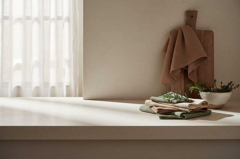 Kitchen counter with a cutting board, towels, and plants in a bright room.