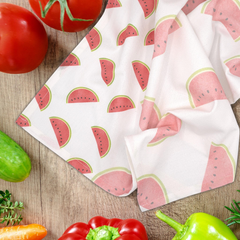 rich cotton percale kitchen towel of faded melon design with fruit and vegetables - from Hem And Tassel