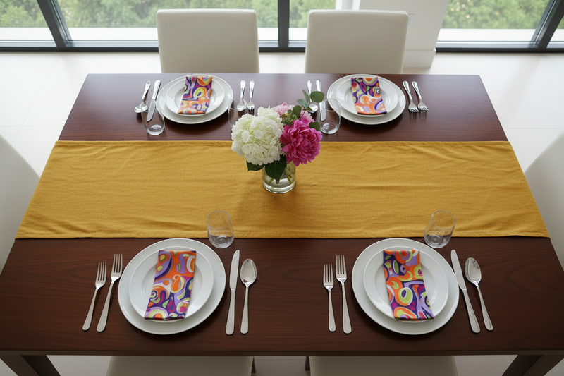 dinner place setting for four with dark green plates, cutlery and dinner napkins on a dark table background