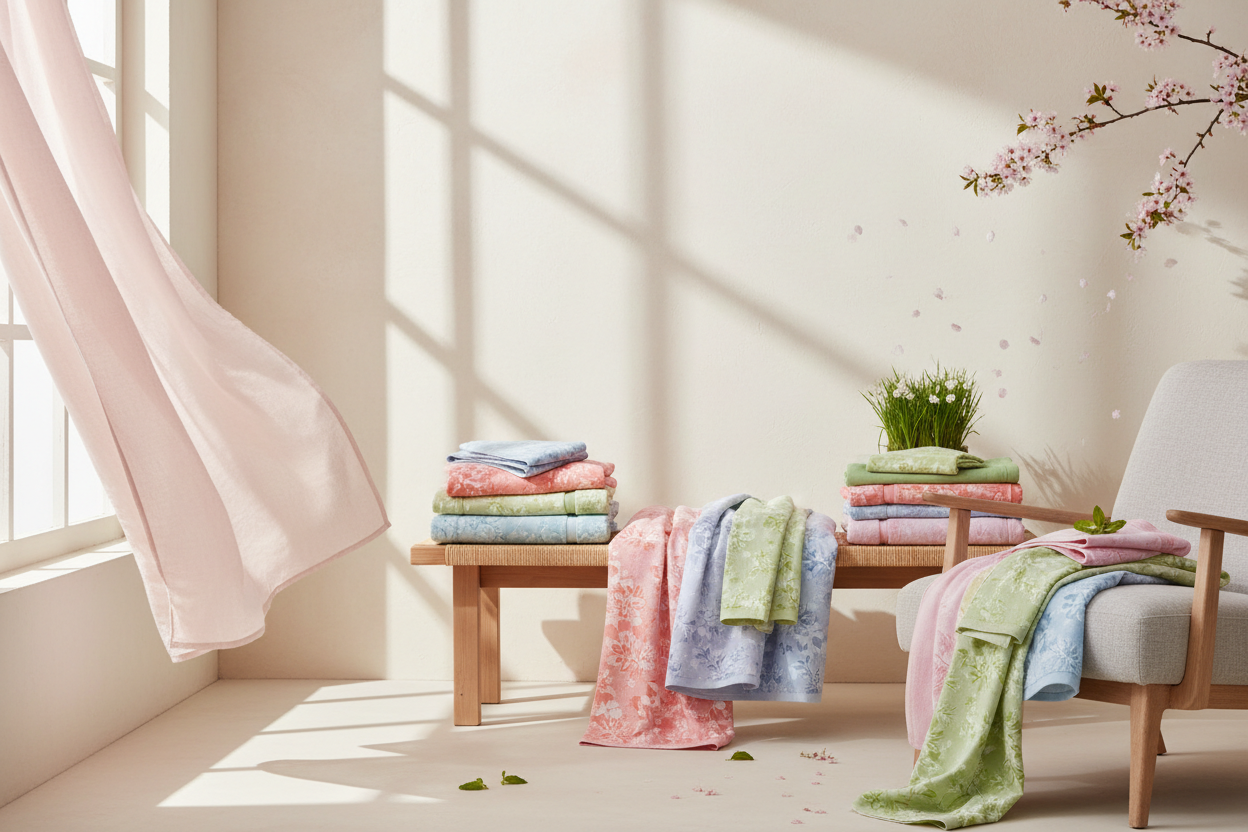 Colorful towels on a wooden bench and chair in a bright room with natural light.