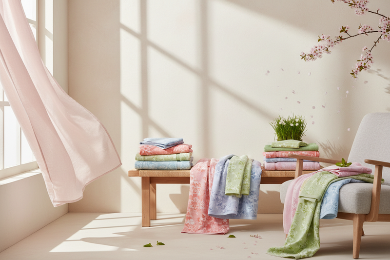 Colorful towels on a wooden bench and chair in a bright room with natural light.