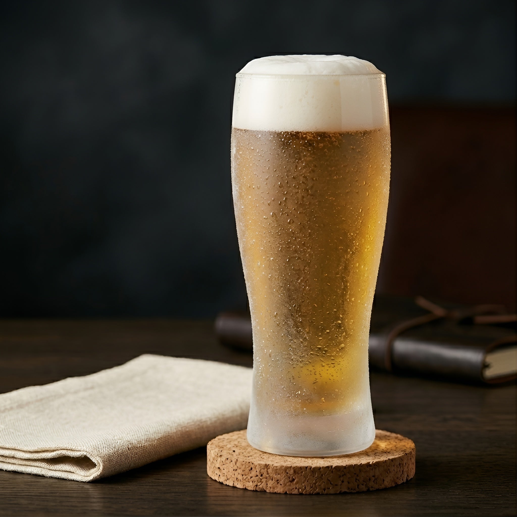 A frosted glass beer pint with a thick head of white foam, filled with golden beer and covered in condensation, standing on a round cork coaster on a dark wooden table.