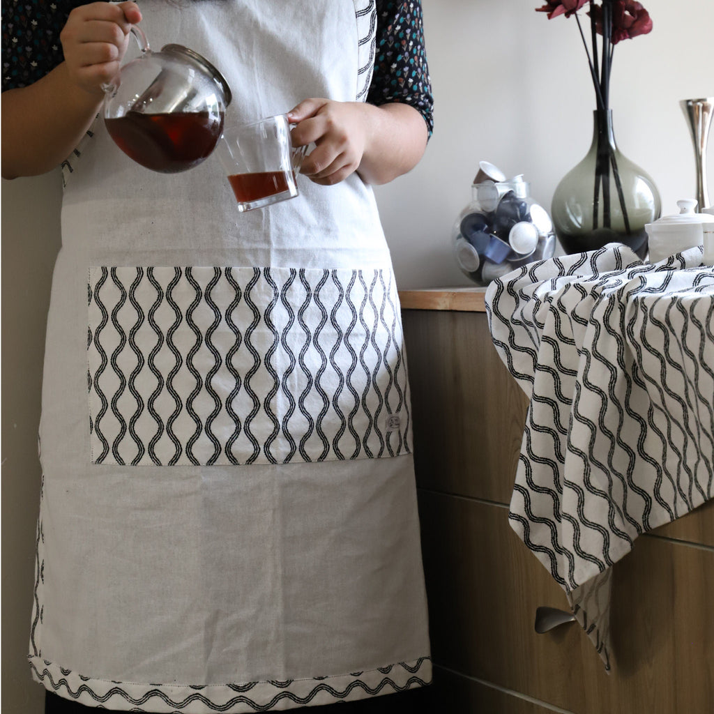 Designer B&W Flour Sack Aprons: 3 Styles