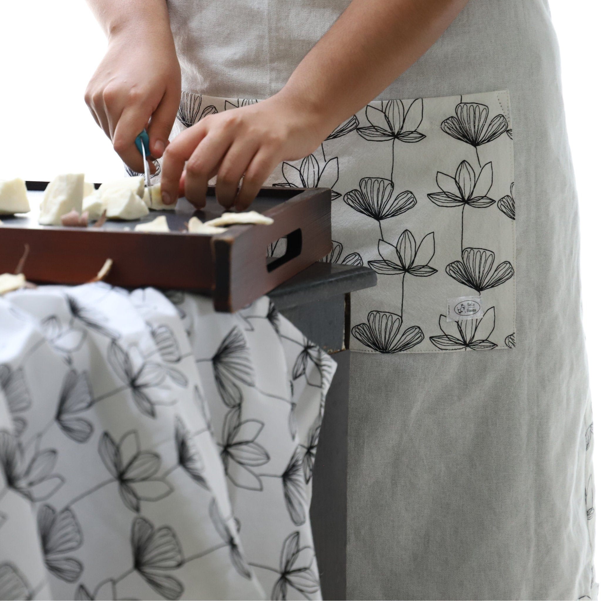 Designer B&W Flour Sack Aprons: 3 Styles