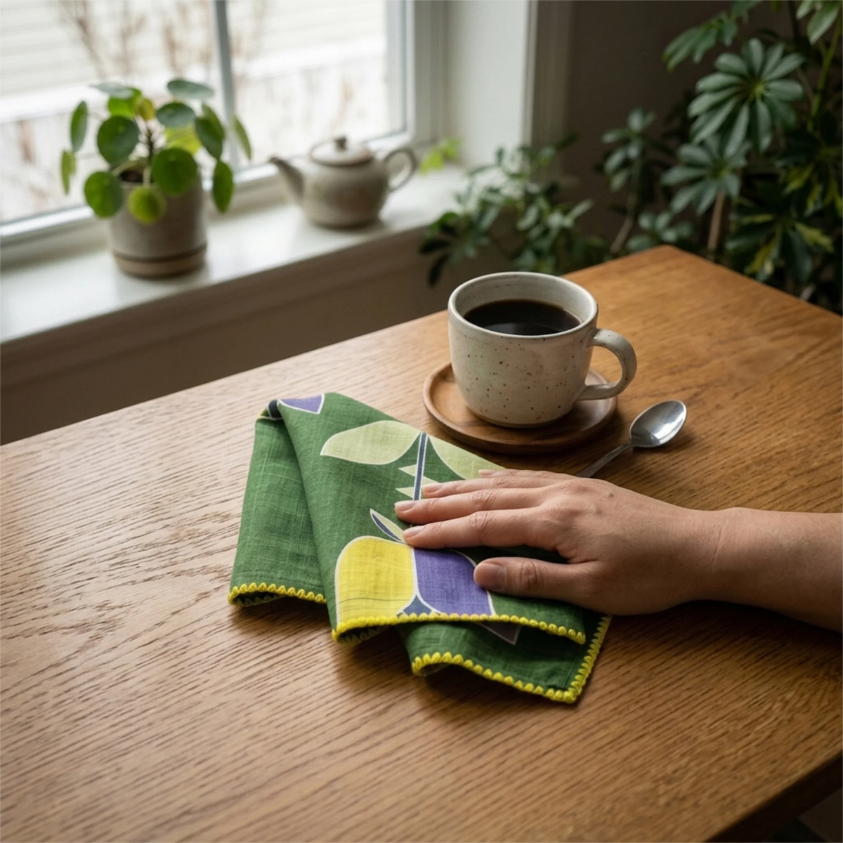 A green patterned cotton napkin with yellow and purple accents is folded on a wooden table, with a hand resting on it. A white ceramic cup of black coffee on a saucer and a spoon are nearby from Hem And Tassel 