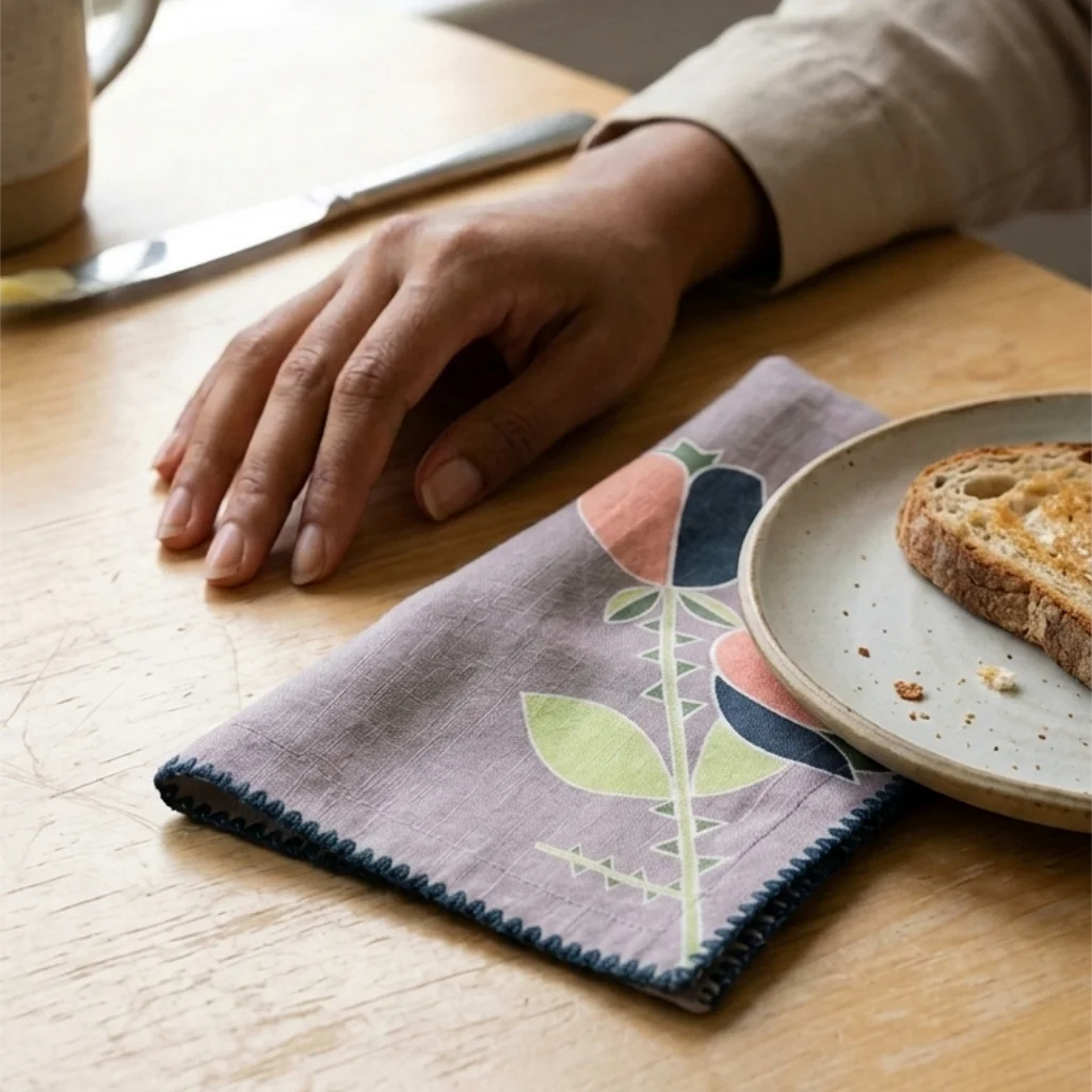 A close-up lifestyle shot of a hand resting on a wooden table next to a folded linen napkin with a tulip pattern and scalloped dark blue border from Hem And Tassel. A ceramic plate with toast and a knife are also visible on the table