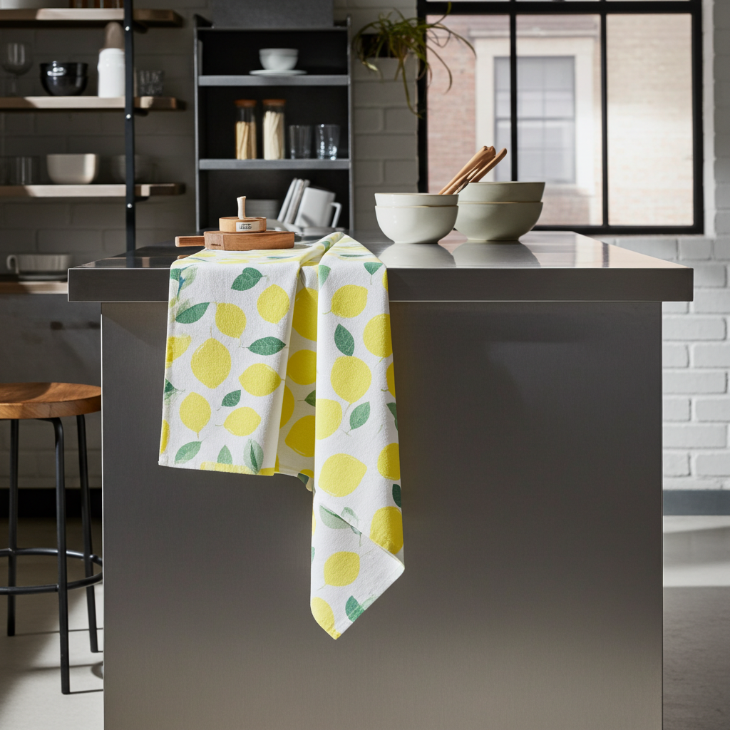 Kitchen island with Amalfi lemon-patterned towel draped over the edge from Hem And Tassel 