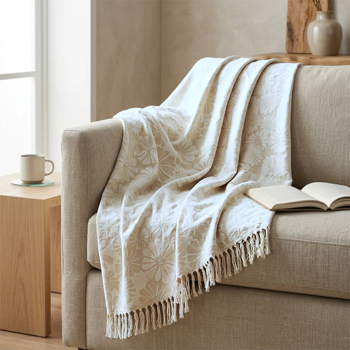 A cream-colored throw blanket with a beige floral damask pattern and fringed edges, draped over a beige fabric sofa in a cozy, sunlit living room setting from Hem And Tassel 
