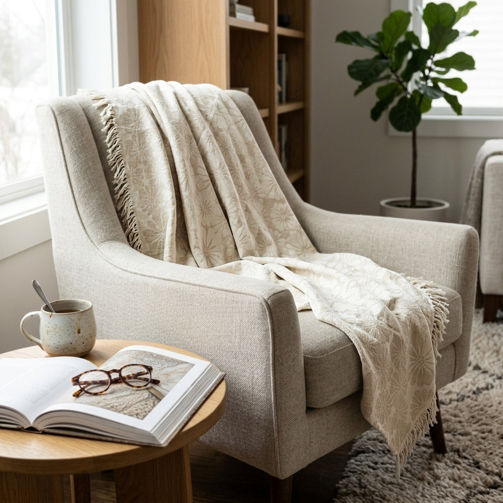 A light beige upholstered armchair in a bright living room, draped with a cream throw blanket. A small round wooden side table in front holds an open book, eyeglasses, and a speckled mug from Hem And Tassel 