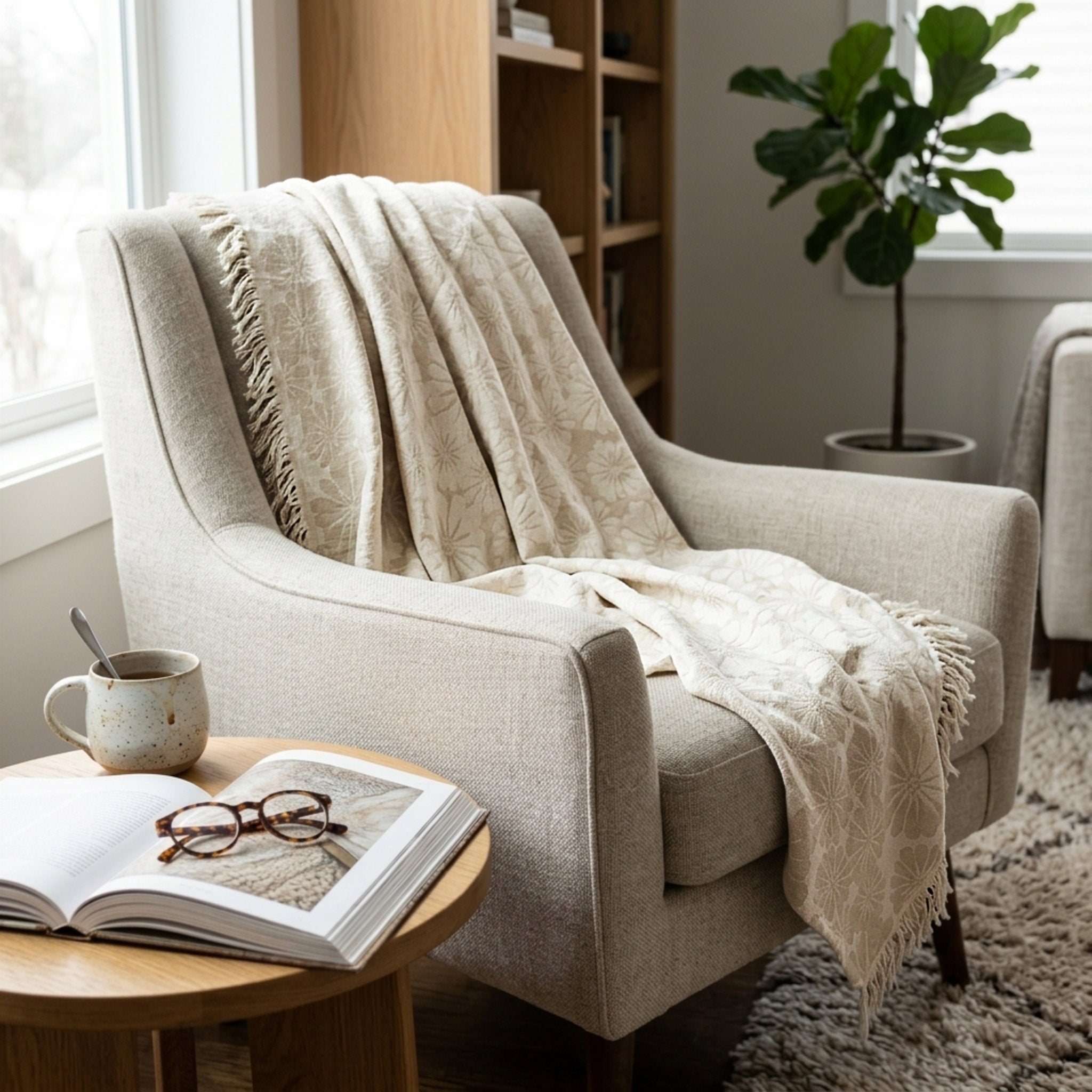 A light beige upholstered armchair in a bright living room, draped with a cream throw blanket. A small round wooden side table in front holds an open book, eyeglasses, and a speckled mug from Hem And Tassel 