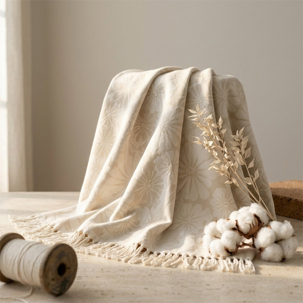 A cream-colored woven throw blanket with a subtle floral pattern and fringed edges, draped over a table next to cotton bolls and a spool of thread from Hem And Tassel 
