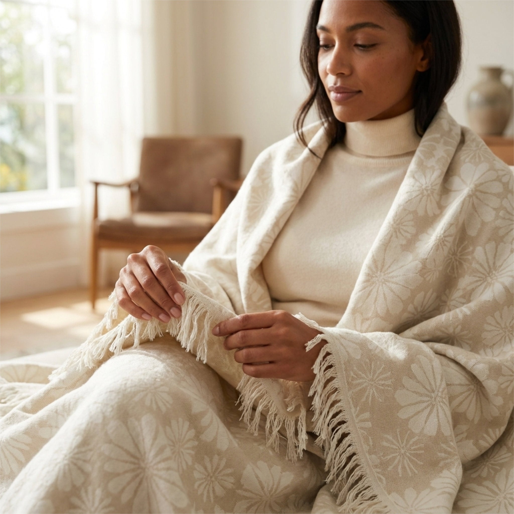 A woman sits in a softly lit room wrapped in a cream-colored woven throw blanket with a floral pattern and fringe trim from Hem And Tassel 
