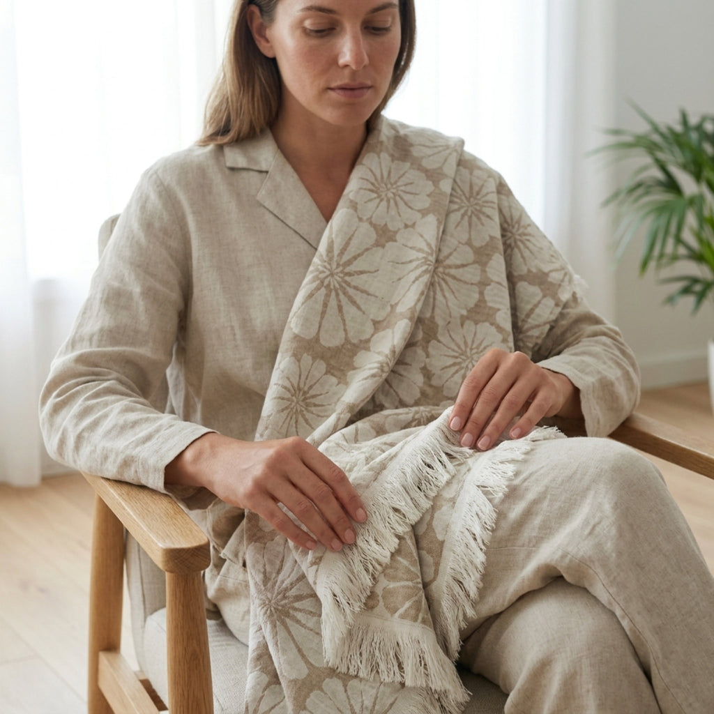 A woman sits in a wooden armchair indoors, draped in a light slate and cream floral throw blanket with fringe. She wears a matching beige top, and a plant is visible in the softly lit room from Hem And Tassel 