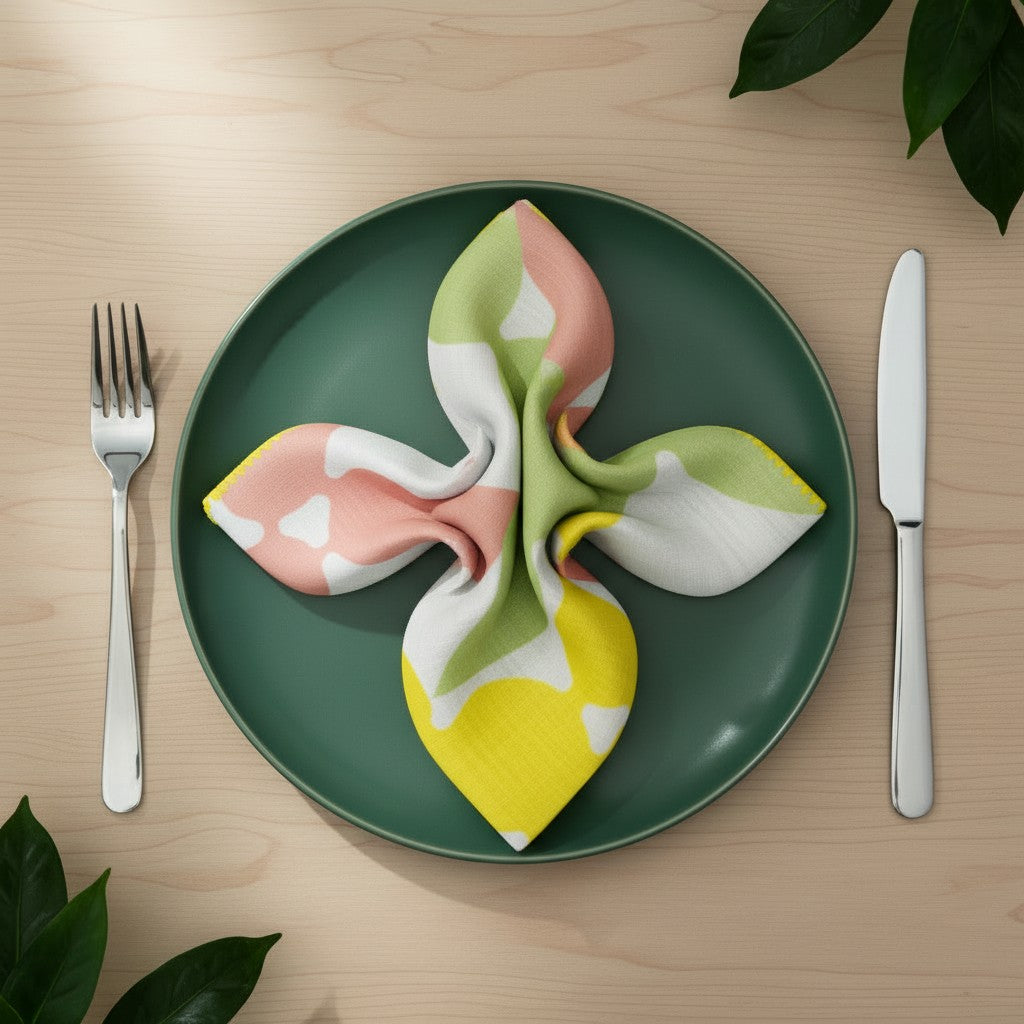 Styled dinner setting with folded and rotated celebration napkin from Hem And Tassel