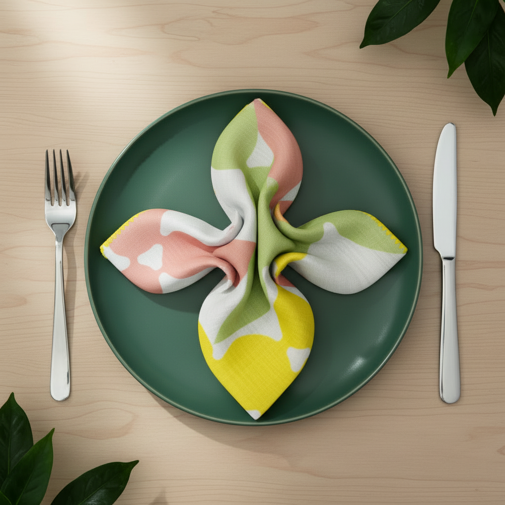 Styled dinner setting with folded and rotated celebration napkin from Hem And Tassel 