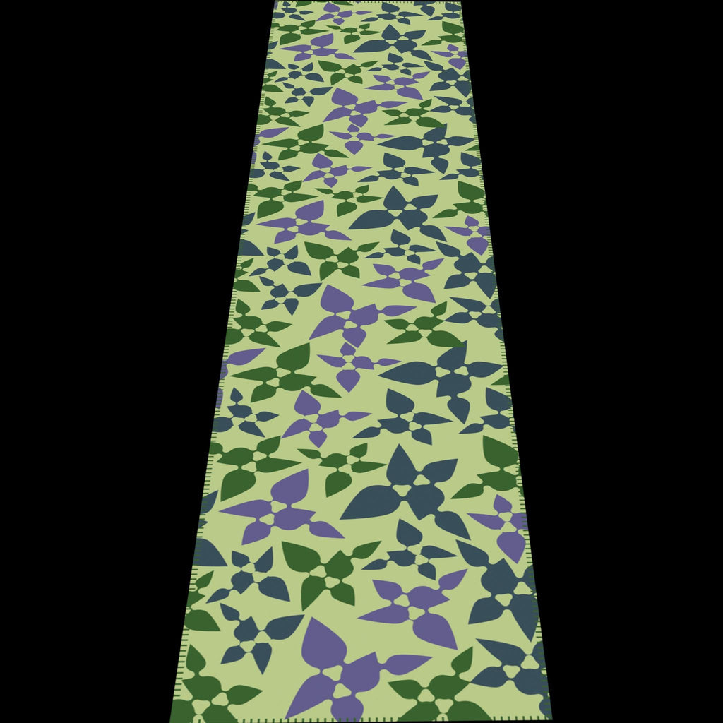 Celebration table runner with green and purple leaf pattern on a transparent background from hem and tassel