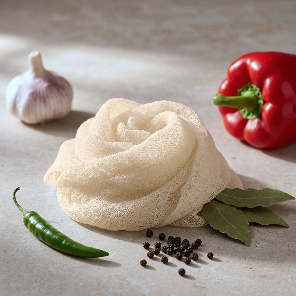Roll of organic unbleached cotton cheesecloth on a counter with veggies around it from Hem And Tassel 