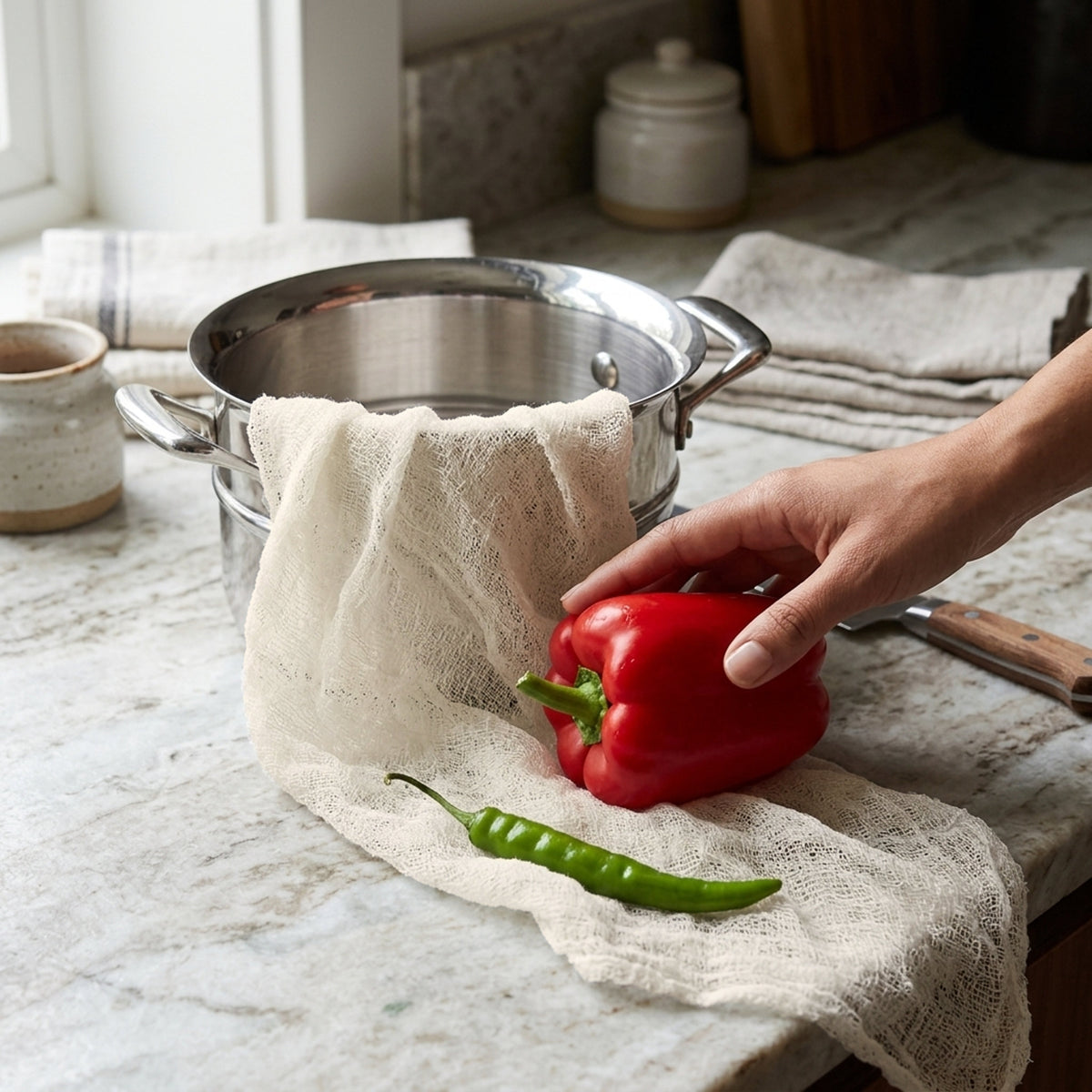 A stainless steel pot sits on a marble countertop draped with a natural unbleached cheesecloth, with a hand placing a red bell pepper and a green chili pepper onto the cloth. A small ceramic jar and a wooden spoon are also visible in the kitchen setting. from Hem And Tassel