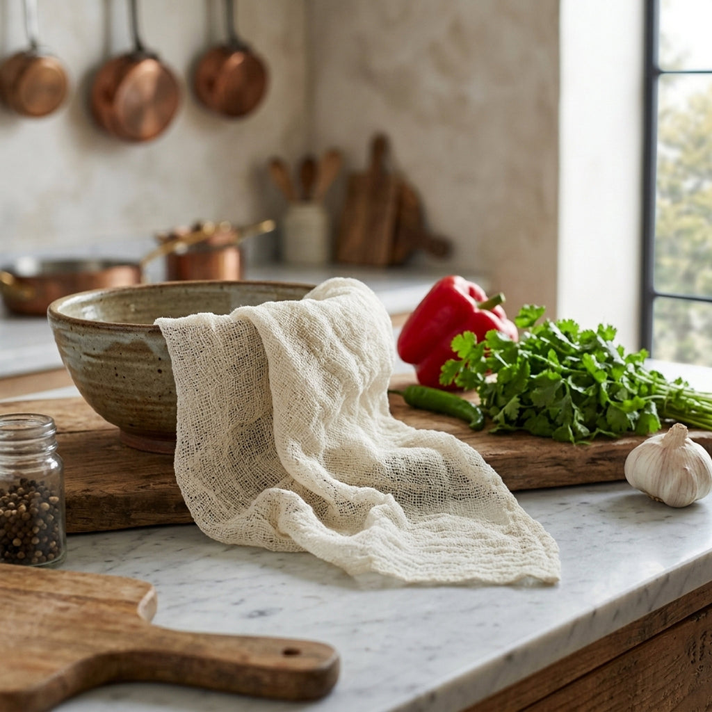 An unbleached woven organic cotton cheesecloth draped over a wooden cutting board on a white marble countertop, surrounded by fresh ingredients including a red bell pepper, parsley, garlic, and peppercorns, with a ceramic bowl and a blurred kitchen background from Hem And Tassel 