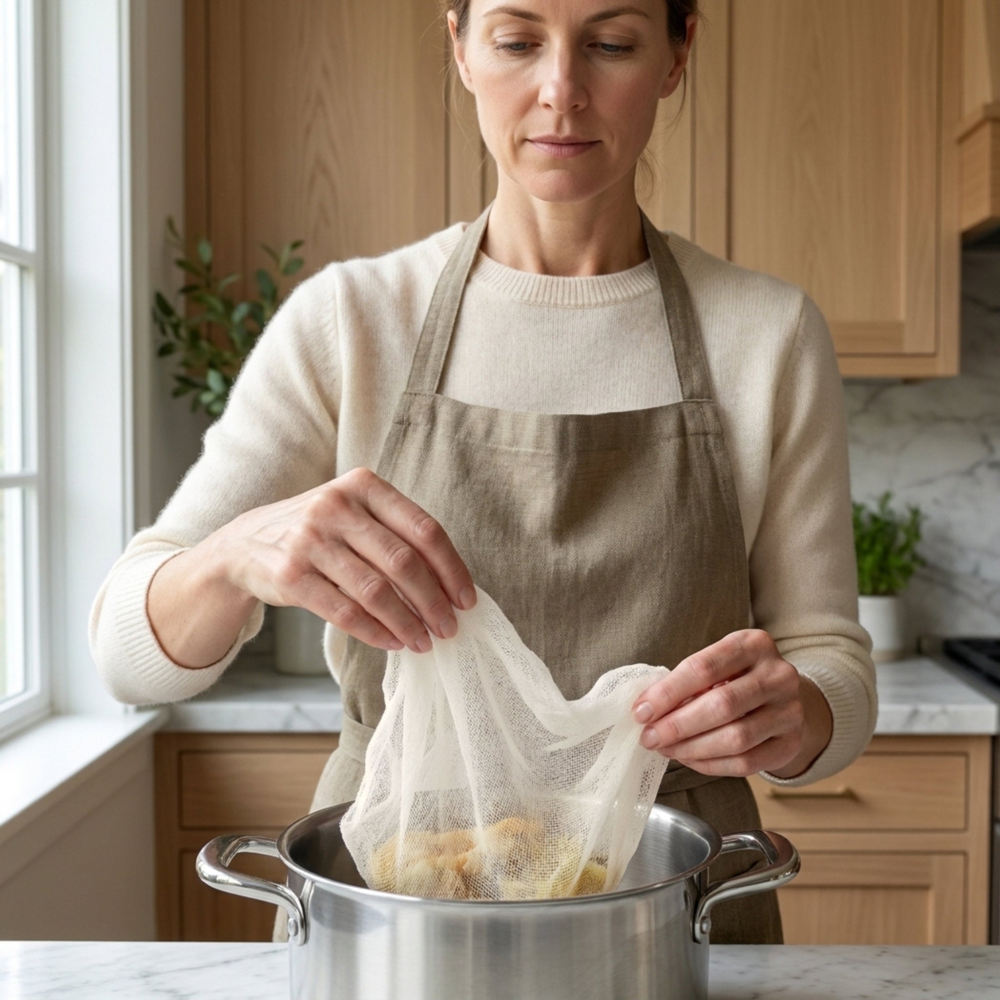 A woman wearing a beige apron over a cream sweater stands in a kitchen, holding a white mesh cotton cheesecloth strainer over a stainless steel pot from Hem And Tassel 