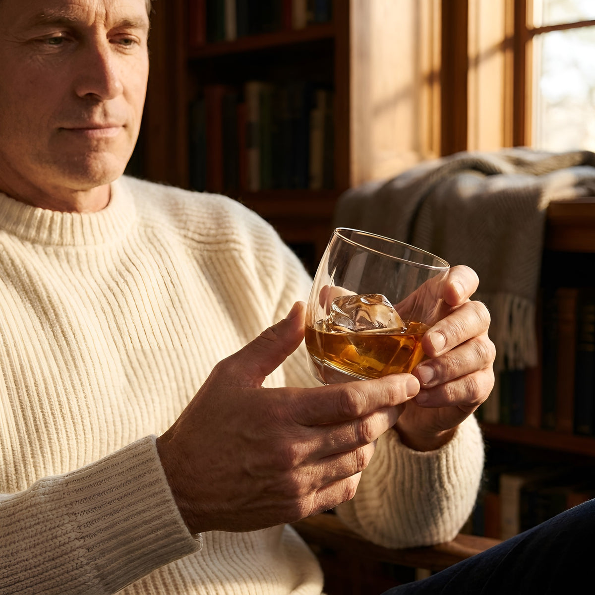 A man in a cream ribbed knit sweater holds a clear glass tumbler filled with amber liquor and an ice cube in a warmly lit indoor setting with bookshelves in the background from Hem And Tassel 