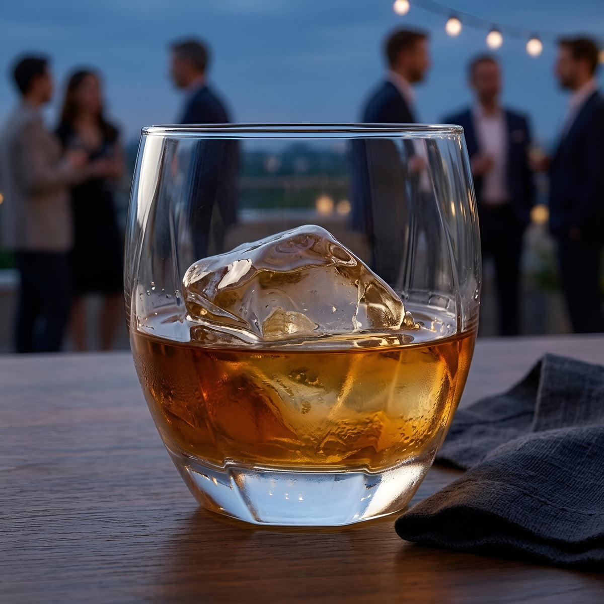 A clear lowball glass with a thick base, filled with amber liquor and a large ice cube, set on a wooden table with a blurred evening party scene in the background from Hem And Tassel 