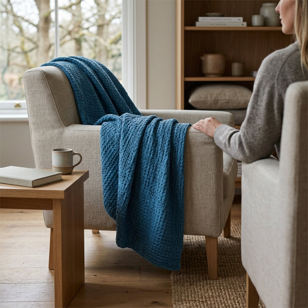 A complex waffle blue throw blanket is draped over a light beige armchair in a cozy living room setting, with a woman sitting on the right and a wooden side table in the foreground from Hem And Tassel 
