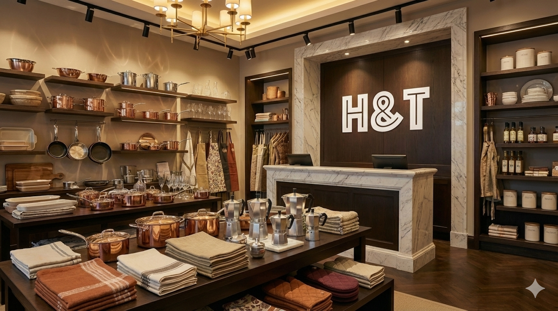 Interior of a store with 'H&T' logo on the wall, displaying various products.