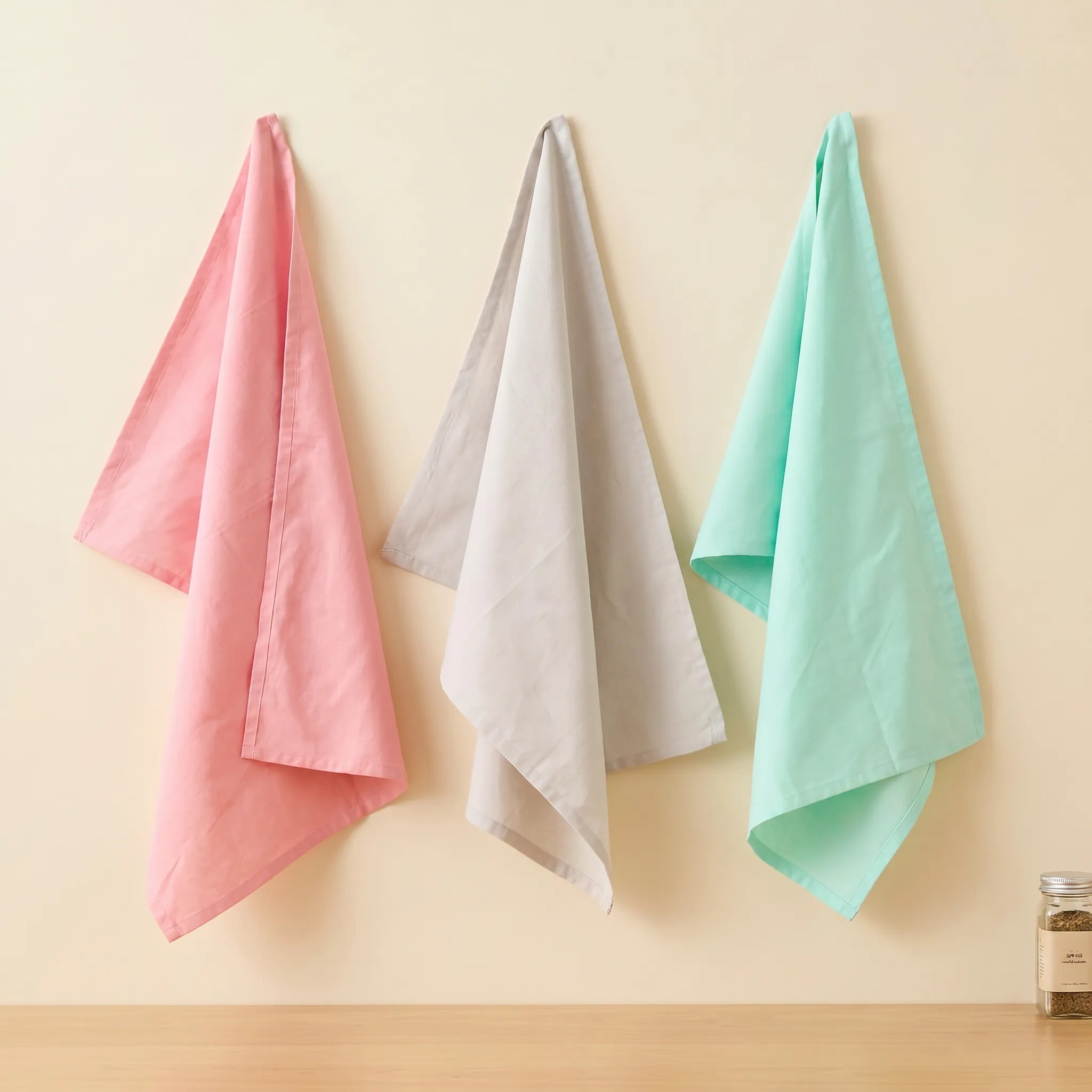 ultra fine weave - set of three 100% cotton kitchen towels in soft pastel shades of pink, grey and foam, hanging against a cream backdrop, from Hem And Tassel