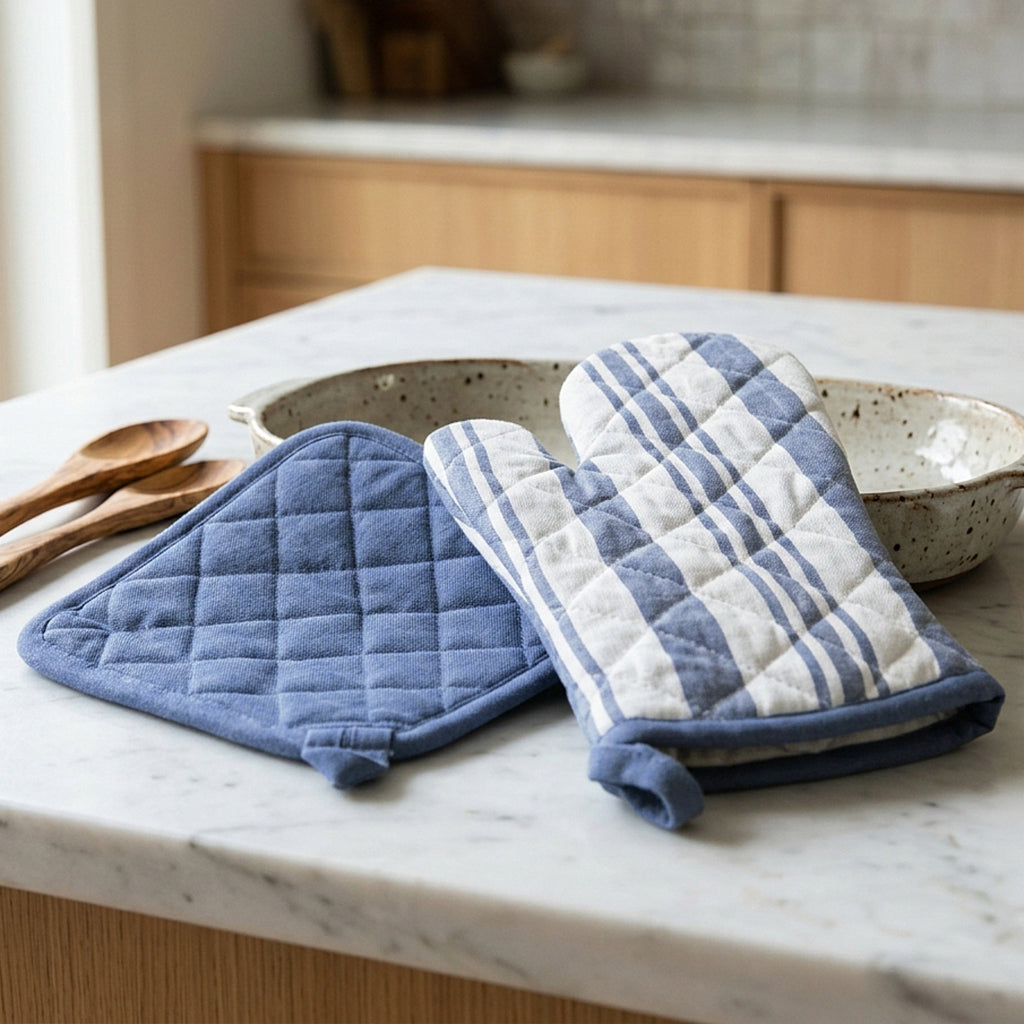 Decade Classic Cotton Oven Mitt and Pot Holder in Blue from Hem And Tassel 