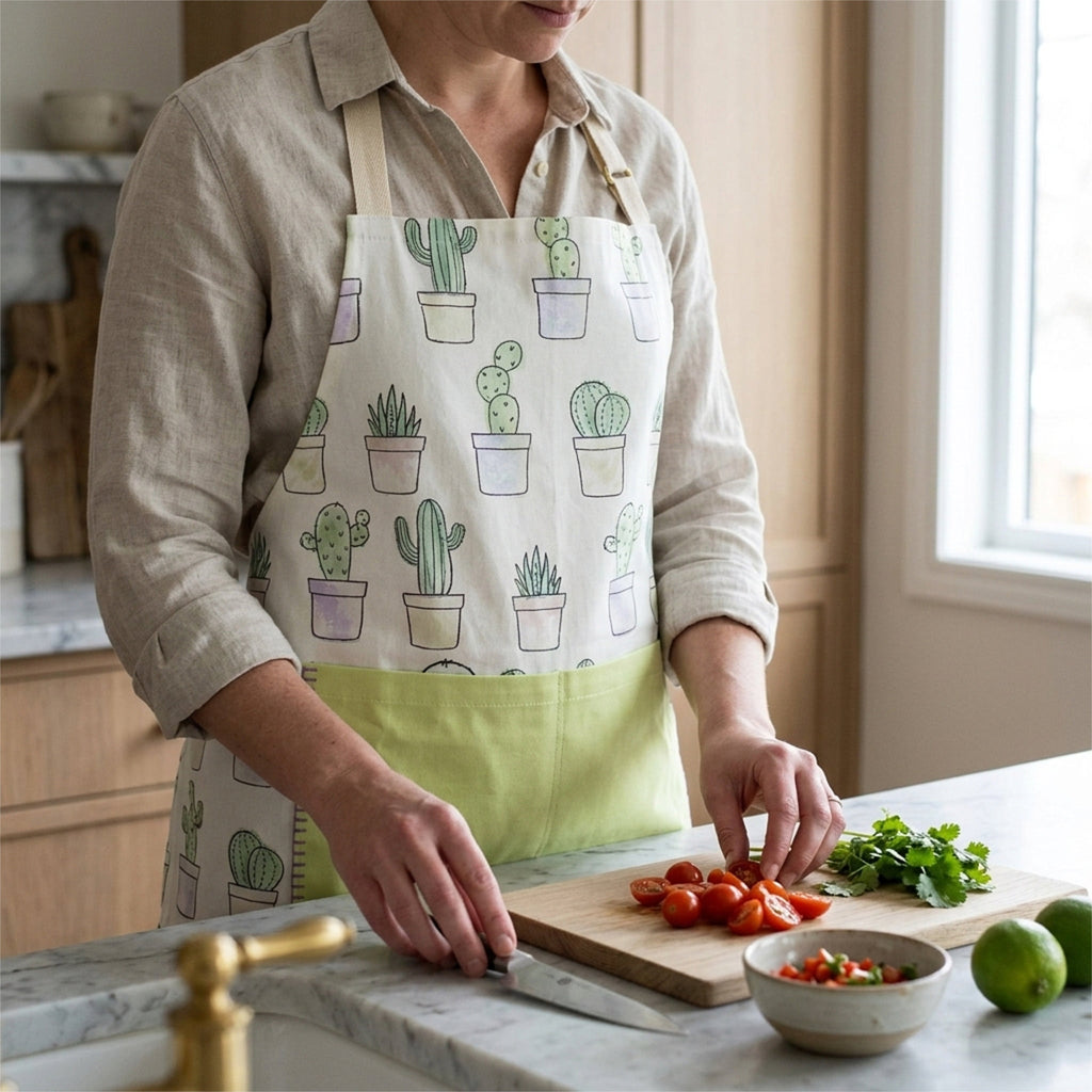 A person wearing a kitchen apron with a cactus pattern and a light green pocket panel, standing at a kitchen counter and chopping tomatoes on a wooden cutting board from Hem And Tassel 