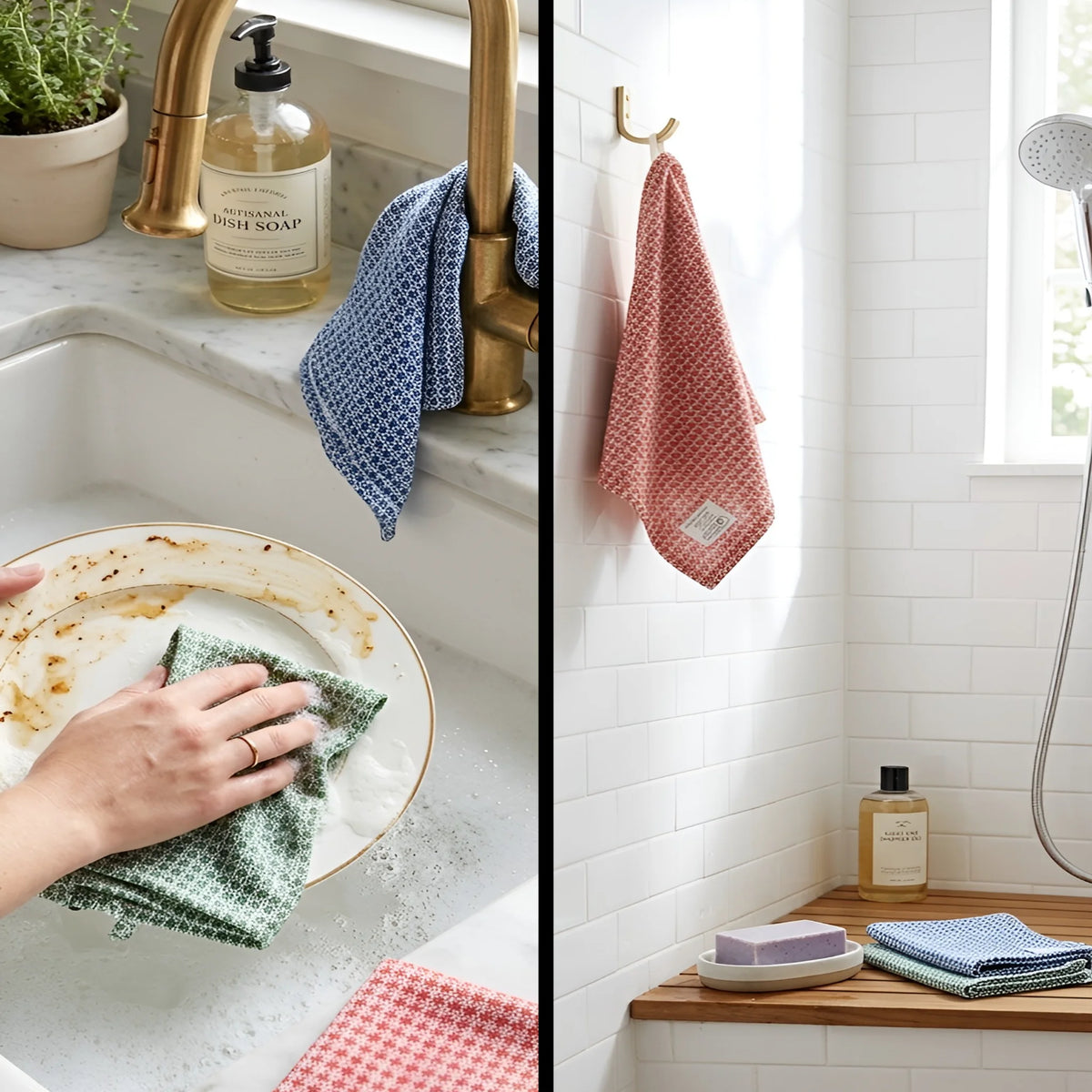 diamond waffle cotton wash cloth shown in in 3 colors in a split image with kitchen sink sene on the left and bath on the right side from Hem And Tassel 