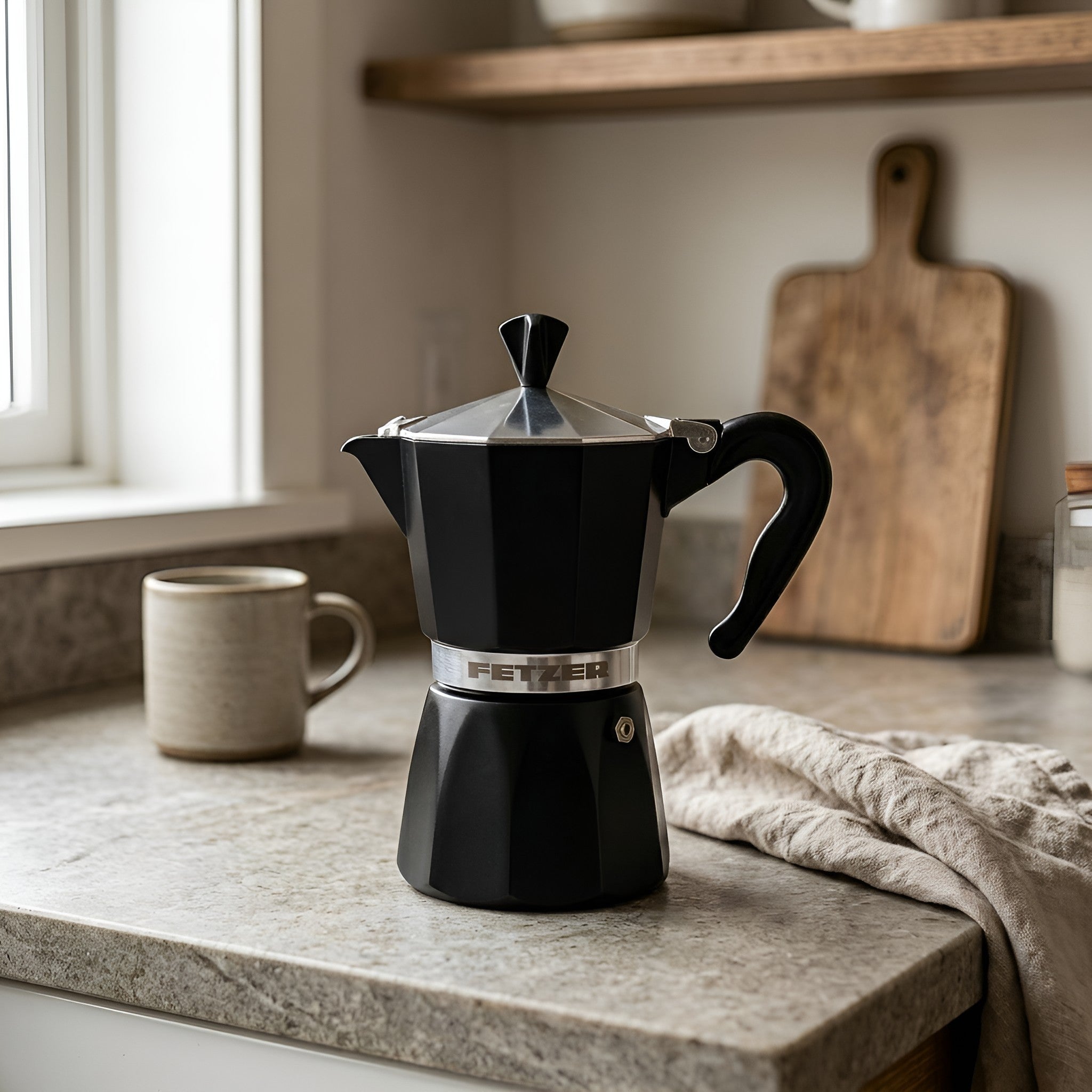A black octagonal moka pot coffee maker sits on a stone kitchen counter next to a beige ceramic mug, with a wooden cutting board and shelf in the background.