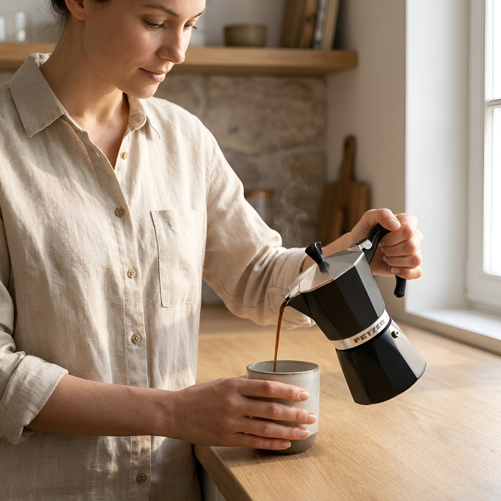 A woman in a beige linen shirt pours freshly brewed coffee from a black aluminum moka pot into a gray ceramic mug on a wooden kitchen counter from Hem And Tassel