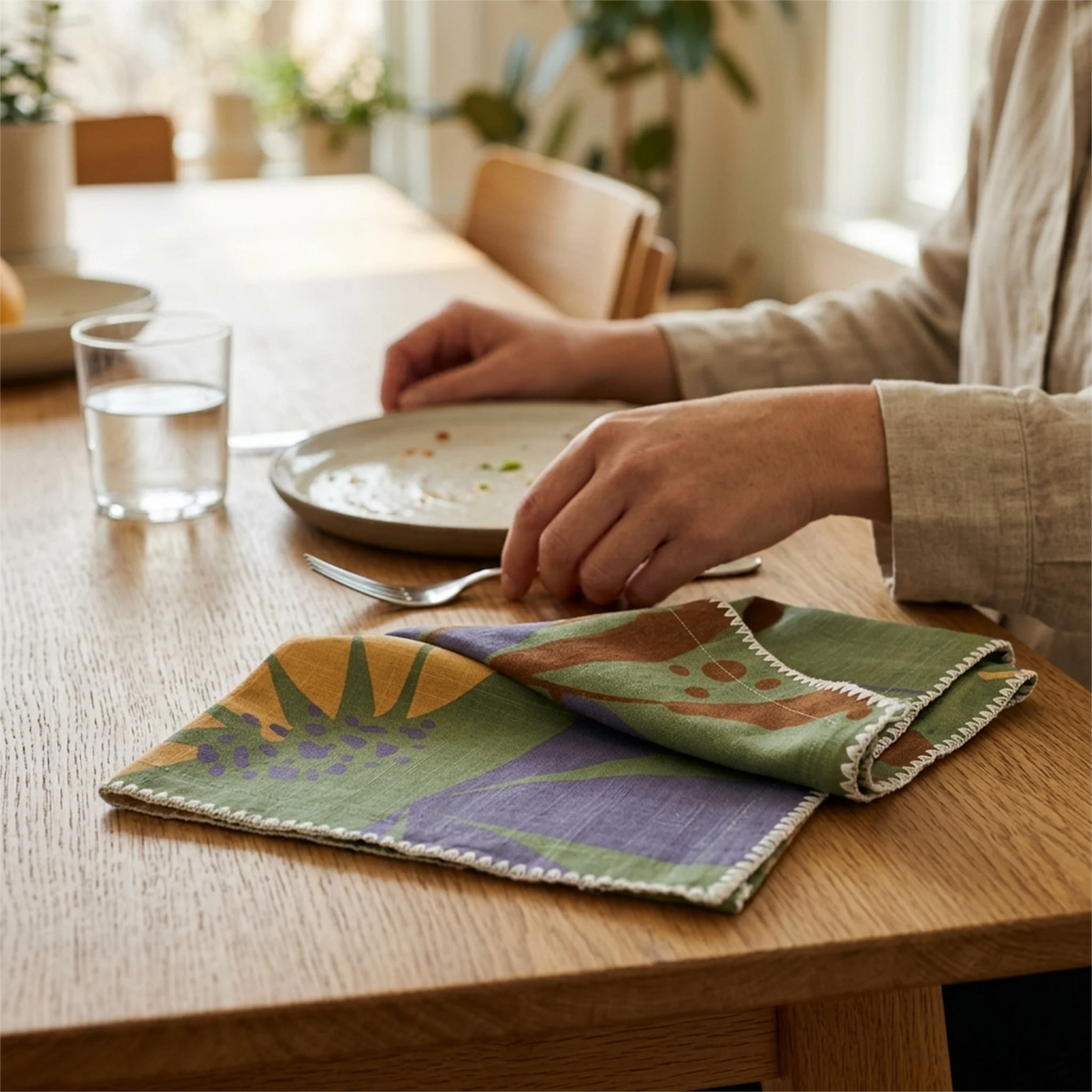 A folded multicolor patterned cotton napkin from Hem And Tassel with white embroidered trim is styled on a wooden table next to a glass of water, a plate, and a fork. A person is visible in the background of the scene
