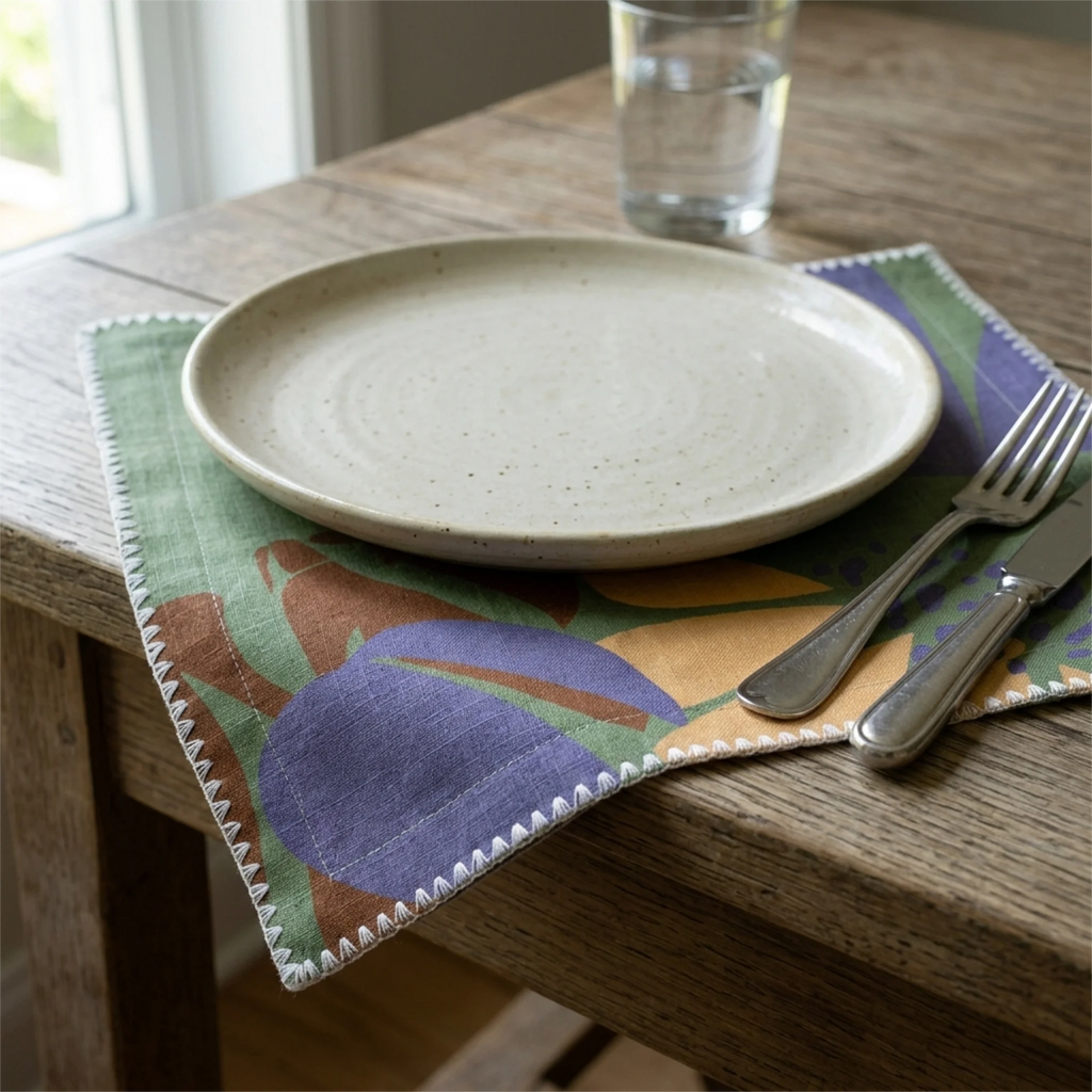 A square woven cotton napkin from Hem And Tassel  with a colorful abstract floral pattern in purple, green, and mustard, featuring white zigzag trim, on a rustic wooden table with a ceramic plate, cutlery, and a glass of water.