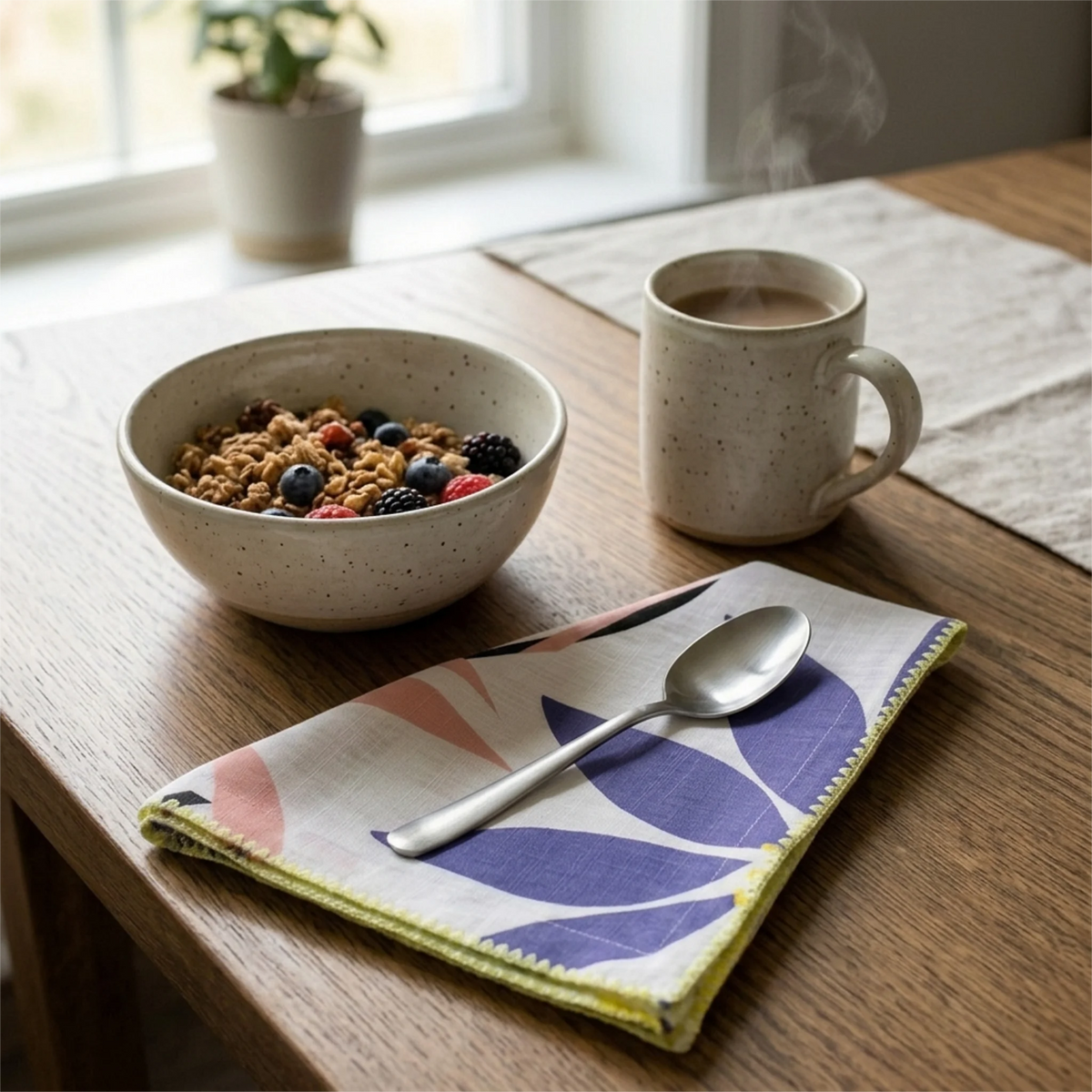 A ceramic bowl of granola with berries and a speckled mug on a wooden table, styled with a flowers patterned cotton napkin from Hem And Tassel and spoon in a bright kitchen setting.