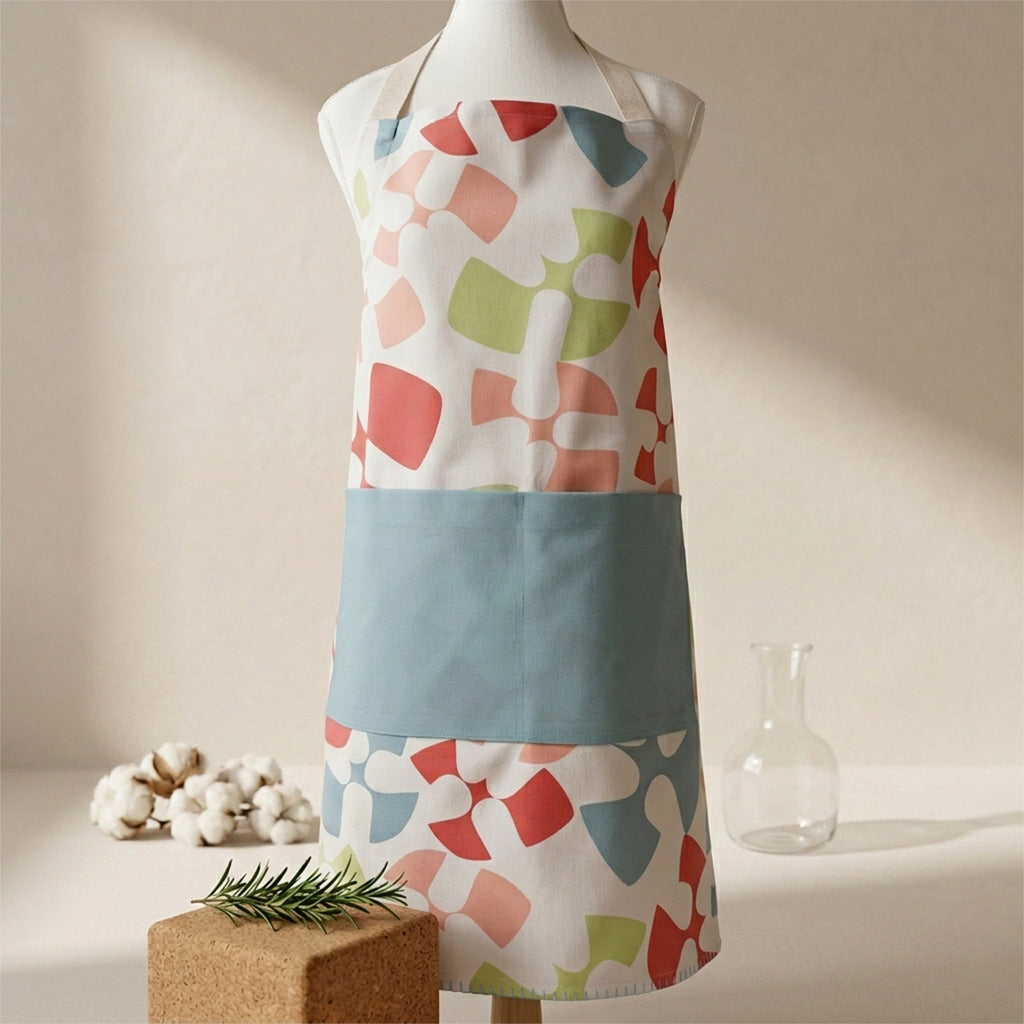 A multicolor apron with a flock and flutter pattern in coral, sage green, and slate blue on a white base, displayed on a mannequin torso with decorative props on a beige background from Hem And Tassel 