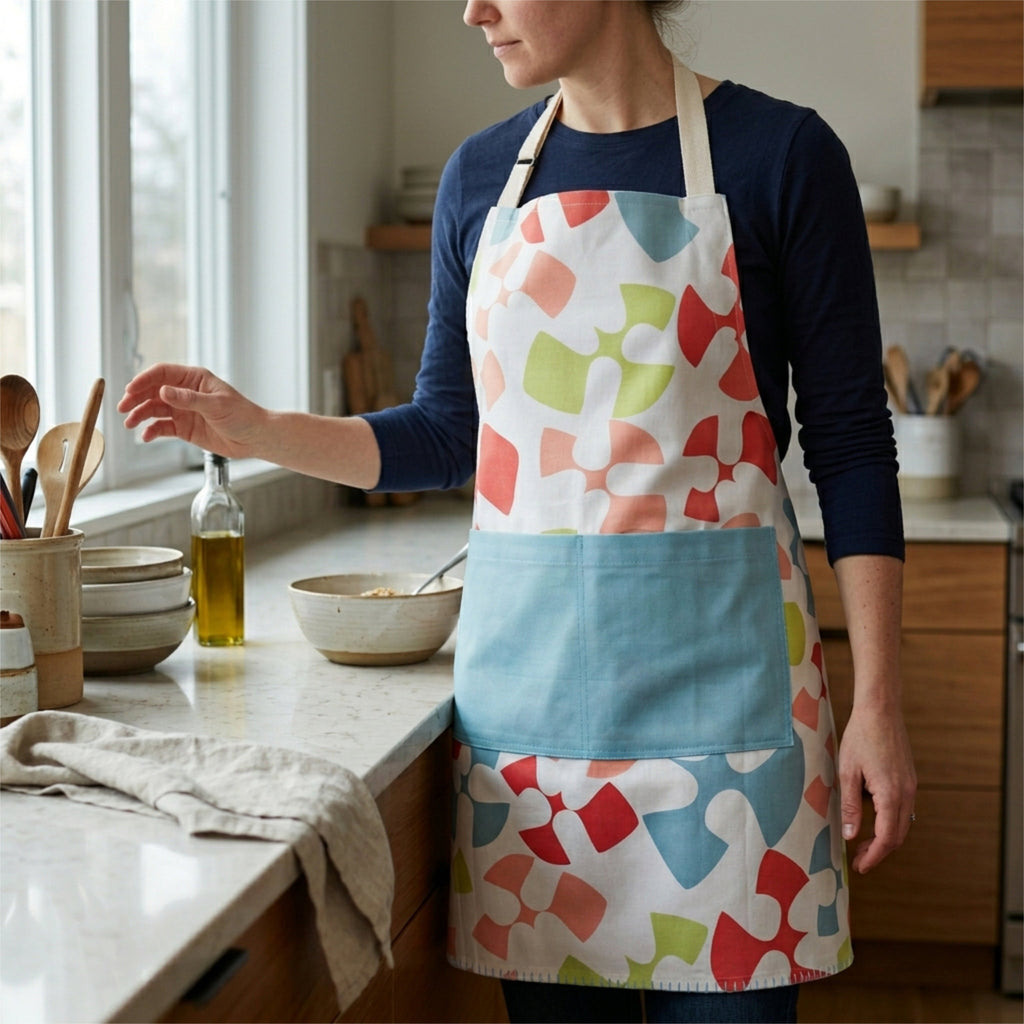 A woman wearing a white apron with a flock and flutter pattern and a light blue front pocket, standing in a bright kitchen next to a counter with bowls and utensils from Hem And Tassel 