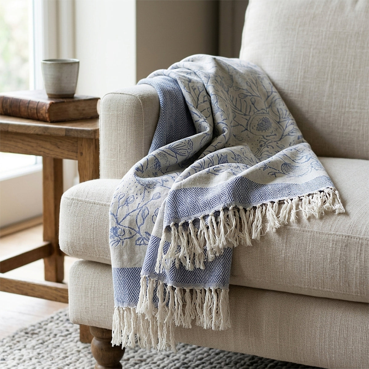 A woven throw blanket with a pale blue and cream floral jacquard throw blanket with tassels, draped over a light beige armchair in a bright, modern living room setting from Hem And Tassel 