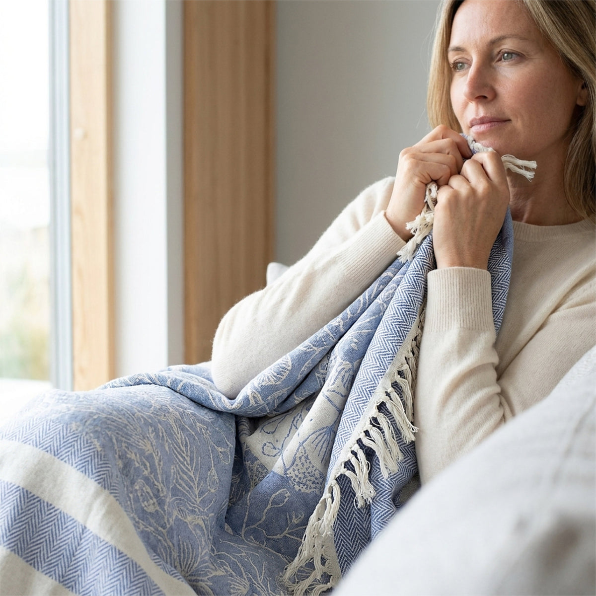 A woman sitting indoors by a window, wrapped in a pale blue and cream floral jacquard throw blanket with tassels from Hem And Tassel 