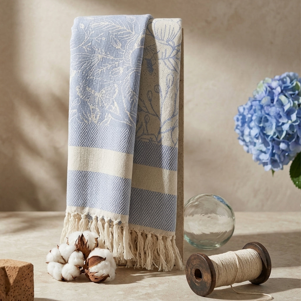 A folded woven throw blanket with fringe stands upright on a tabletop. The textile has a pale blue and cream floral jacquard throw blanket with tassels, from Hem And Tassel 
