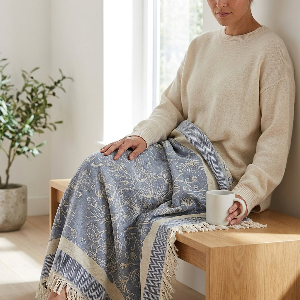 A woman seated indoors on a wooden bench, wrapped in a pale blue and cream floral jacquard throw blanket with tassels. She wears a cream knit sweater and holds a white mug near a window, with a potted plant in the background from Hem And Tassel 