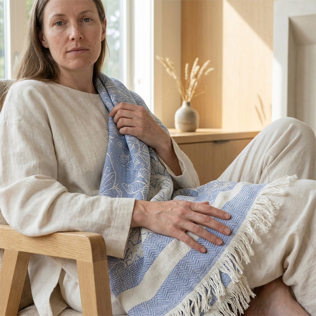 A woman seated in a wooden chair indoors, draped in a pale blue and cream floral jacquard throw blanket with tassels. She wears a loose cream top and cream pants, with a vase of dried stems on a wooden shelf in the background.