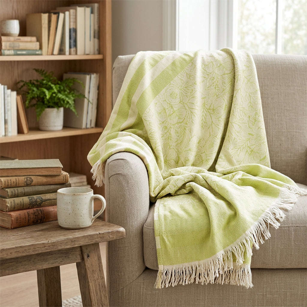 A la light sage green and cream floral jacquard throw blanket with tassels, draped over a beige armchair in a cozy living room setting from Hem And Tassel 